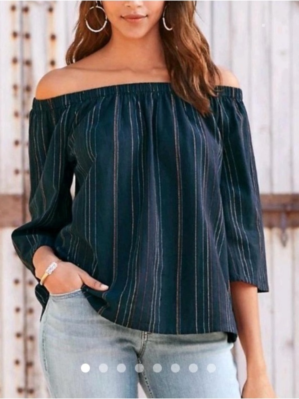 Garnet Hill Off The Shoulder Gauze Top Blue Stripes - Large